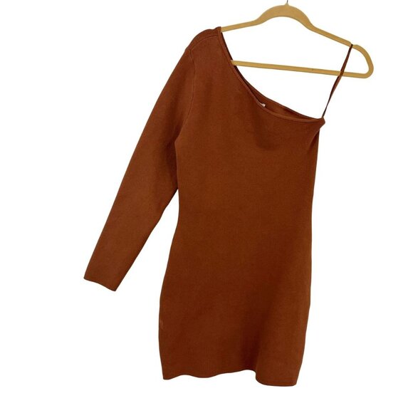 NEW Abercrombie & Fitch Brown Knit One Shoulder Bodycon Mini Dress Size Large - Picture 1 of 7